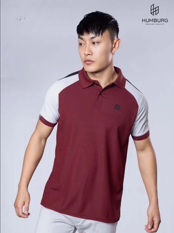 Polo T-Shirt – Maroon with White & Black Accents
