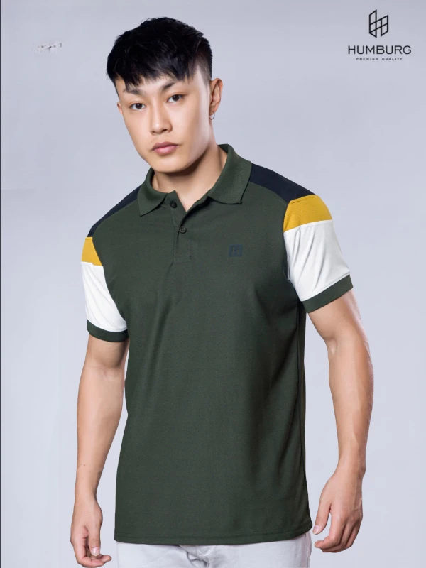 Polo T-Shirt – Olive Green with Yellow & White Sleeve Accents