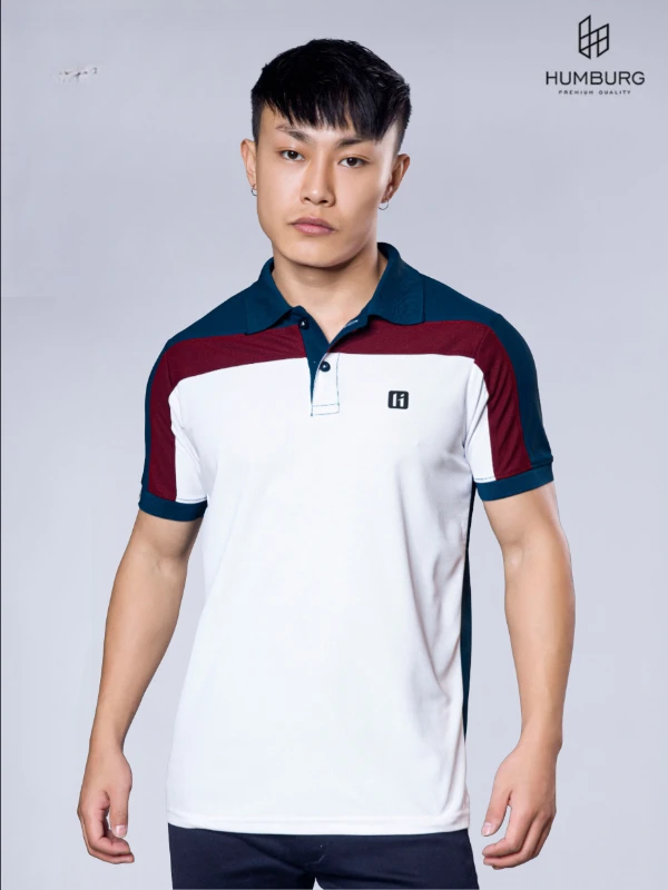 Polo T-Shirt – White, Maroon & Teal