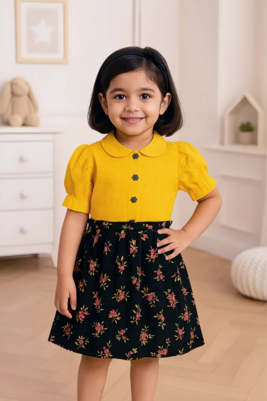 Girls Yellow & Black Floral Party Dress